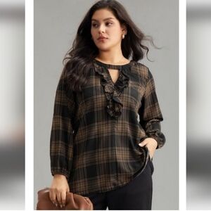 BLOOMCHIC Plaid Keyhole Frill Trim Lantern Long Sleeve Blouse